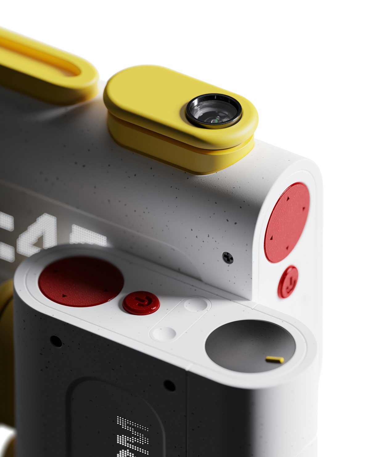 A close-up product render of a white handheld camera device with a yellow lens module and red controls
